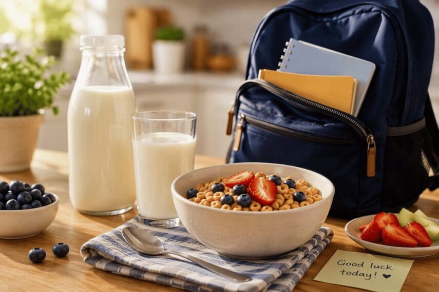 Milk with cereal at breakfast to fuel school day.
