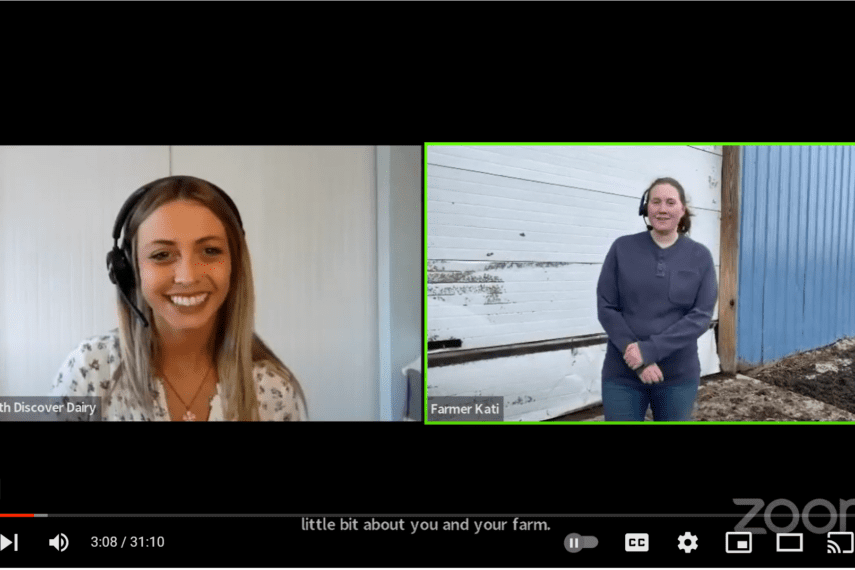 Split computer screen showing woman sitting at desk and farmer standing in front of cow