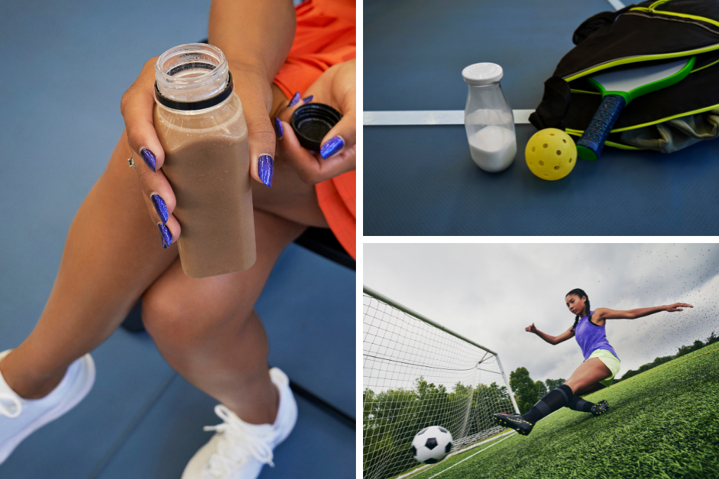 Photo collage with 3 images. Left image shows close up view of female athlete holding a bottle of chocolate milk. Upper right image shows bottle of white milk next to pickle ball racket and bag. Lower right image shows an action shot of a teenage girl kicking a soccer ball into a soccer net.