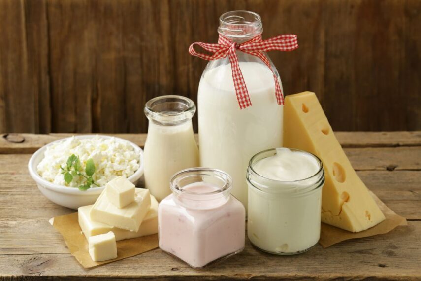 bottles of milk and yogurt with cheese