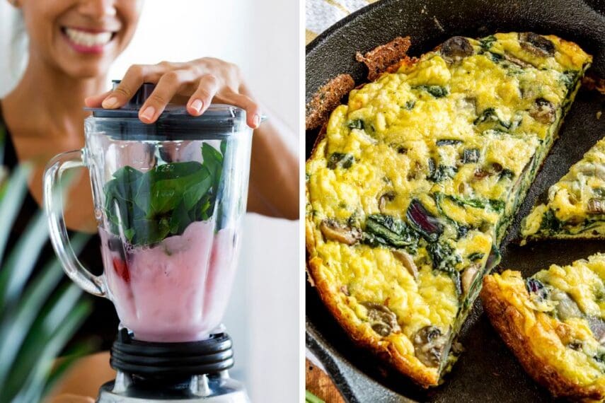 collage image with a woman blending yogurt and spinach on the left and a cheesy egg frittata on the right