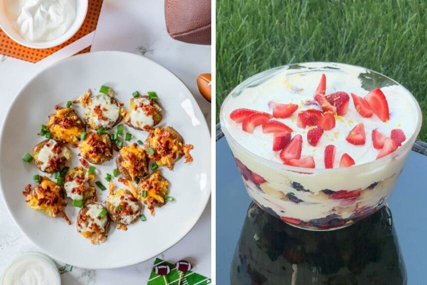 recipes for summer gatherings, left: cheesy loaded smashed potatoes, right: summer berry trifle