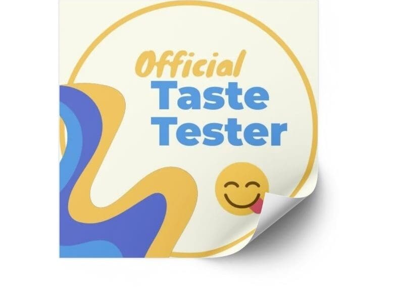 Pale Yellow Square sticker mock up that says "Official Taste Tester"