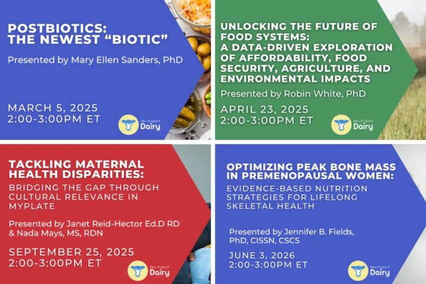 title and speaker slide for four New England Dairy webinars